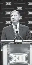  ?? Cooper Neill / Associated Press ?? BIg 12 commission­er Bob Bowlsby addressed the Baylor situation in his opening remarks Monday but did not go into specifics.