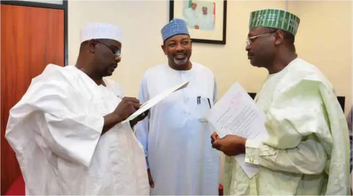  ??  ?? L-R: Senator Mohammed Ali Ndume, Senator Abba Kyari and Chairman INEC, Professor Mahmood Yakubu at a consultati­ve session