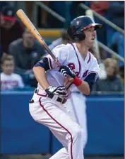  ?? Steven Eckhoff / RN-T ?? Rome’s Drew Waters watches his hit to lead off the third inning against Hagerstown during Thursday’s game.