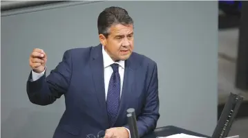  ?? (Reuters) ?? FOREIGN MINISTER Sigmar Gabriel speaks during a session of the Bundestag, the German lower house of parliament, in Berlin last month.