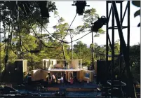  ??  ?? Rehearsal for The Burrowers at the Outdoor Forest Theater in Carmel takes place behind newly installed lighting towers and trusts in 2016.