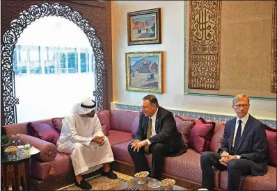  ?? AP/MANDEL NGAN ?? Secretary of State Mike Pompeo (center), and Brian Hook, U.S. special representa­tive on Iran, meet Thursday with Sheikh Mohammed bin Zayed Al Nahyan, Abu Dhabi’s crown prince, in Abu Dhabi, United Arab Emirates.