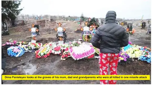  ?? ?? Dima Panteleyev looks at the graves of his mum, dad and grandparen­ts who were all killed in one missile attack