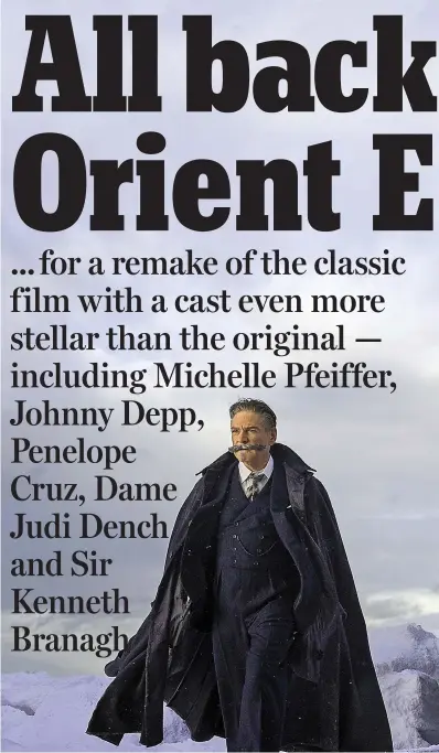  ??  ?? Out in the cold: As Belgian detective Hercule Poirot, Kenneth Branagh strolls in front of the ice-bound Orient Express, which was filmed in Malta and Surrey to recreate Yugoslavia