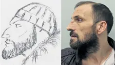  ?? ?? Danny Smith, 44, after his arrest last February and the witness sketch produced in court