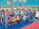  ?? SAI ?? Young wrestlers at the SAI centre in Lucknow celebrate the win of Babita Phogat and Kiran Godara at the Gold Cost CWG on Thursday.