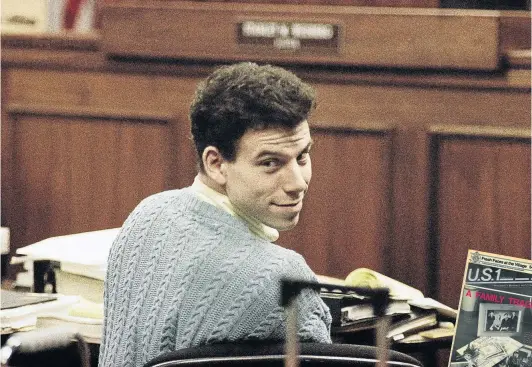  ??  ?? Parent killer Erik Menendez looks back and smiles at the spectator section during his and his brother Lyle’s murder trial in 1993 in a Van Nuys, Los Angeles, courtroom. The brothers were accused of murdering their parents in 1989.
