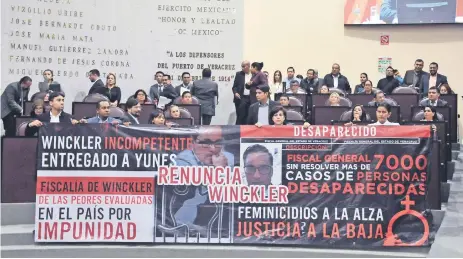  ??  ?? Diputados locales exhibieron en lonas las acusacione­s que pesan contra el fiscal Jorge Winckler, y con 39 votos a favor avalaron que sea destituido.