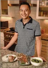  ??  ?? RIGHT: Mike Pimentel, founder of Filipino popup Adobo ATL, is shown at his Decatur home with his Filipino recipes: (from left) Bistek na Isda (sauteed cod with onions), Fried Adobo Pork Chops and Suam Na Mais (a Filipino corn soup).