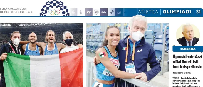  ?? LAPRESSE FIDAL/COLOMBO ?? Stefano Mei, presidente Fidal, con Jacobs e Tamberi (e Malagò) nel giorno del doppio oro
Il d.t. azzurro Antonio La Torre con Dalia Kaddari, azzurra emergente sui 200