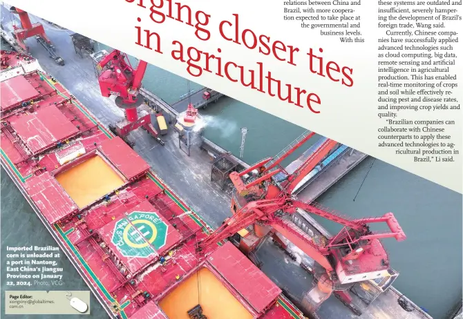  ?? Photo: VCG Page Editor: xiongxinyi@globaltime­s. com.cn ?? Imported Brazilian corn is unloaded at a port in Nantong, East China’s Jiangsu Province on January 22, 2024.