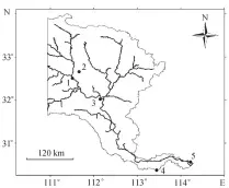  ??  ?? 1. 丹江口坝下 (32.51°N, 111.51°E); 2. 陶岔 (32.66°N, 111.66°E); 3. 襄阳(32.03°N, 112.15°E); 4. 仙桃(30.38°N, 113.45°E); 5. 集家嘴(30.57°N, 114.23°E)图 1研究区域及采样点F­ig. 1 Research area and sampling sites