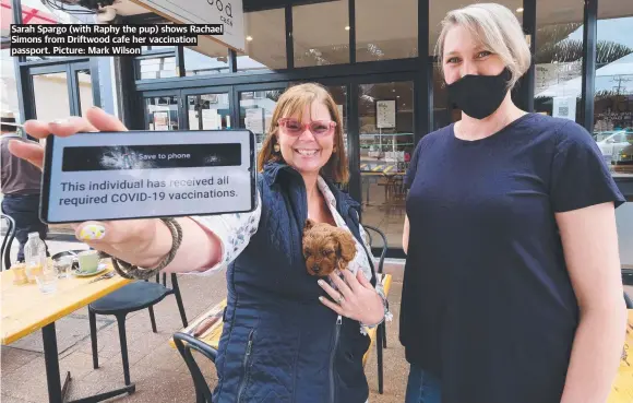  ?? ?? Sarah Spargo (with Raphy the pup) shows Rachael Simons from Driftwood cafe her vaccinatio­n passport. Picture: Mark Wilson