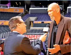  ?? - AFP photo ?? Former NBA Player Kareem Abdul-Jabbar speaks with the media before the game between New Orleans Pelicans and Los Angeles Lakers at STAPLES Center in Los Angeles, California.
