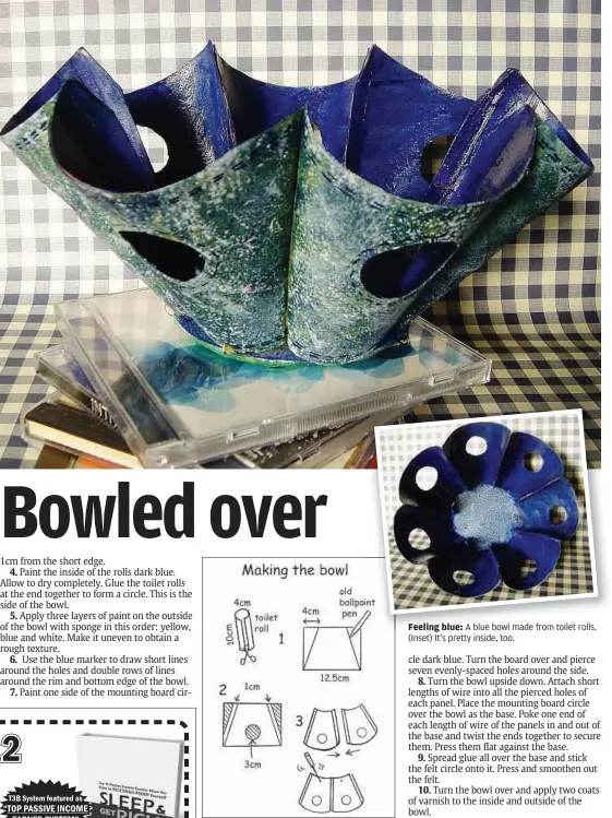  ??  ?? Feeling blue: A blue bowl made from toilet rolls. (Inset) It’s pretty inside, too.