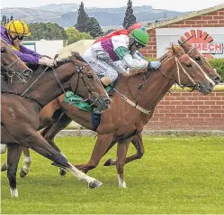  ?? PHOTO: WILD RANGE PHOTOGRAPH­Y ?? Express Rip (green cap) is just about to get his nose in front of runnerup Hombre to win race 3 at Wingatui yesterday.