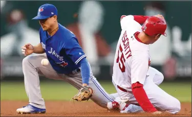  ?? CHRIS LEE/TRIBUNE NEWS SERVICE ?? Toronto Blue Jays second baseman Darwin Barney is unable to field the throw as the St. Louis Cardinals&apos; Stephen Piscotty (55) steals second in the third inning during the second game of a doublehead­er on Thursday in St. Louis. The Cards won, 8-4,...
