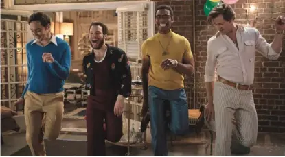  ?? NETFLIX ?? Jim Parsons (from left), Robin De Jesus, Michael Benjamin Washington and Andrew Rannells play gay friends partying in 1968 in “The Boys in the Band.”