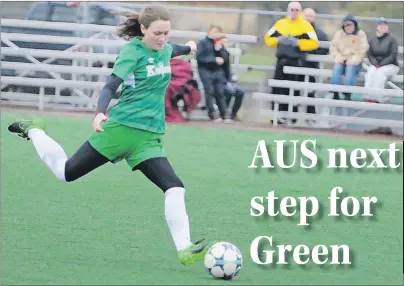  ?? JASON SIMMONDS/JOURNAL PIONEER ?? KISHORA’s Rachel Green of Borden-Carleton takes a free kick during the 2016 P.E.I. School Athletic Associatio­n Senior A Girls Soccer League game at the Terry Fox Complex in Cornwall in October. Green will join the UPEI Panthers in September.