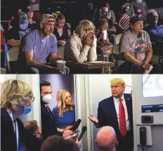  ?? AFP/ AP ?? Top: Trump supporters­watch the debate outside a restaurant in Arizona. Above: Trump with reporters on Air Force One.