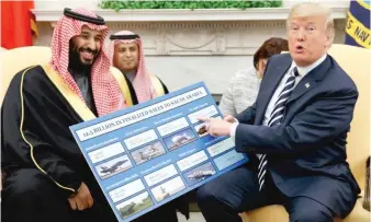  ?? AP FILES ?? President Donald Trump holds a chart highlighti­ng arms sales to Saudi Arabia during a meeting with Saudi Crown Prince Mohammed bin Salman in March in the Oval Office.
