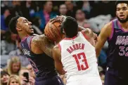  ?? Jim Mone / Associated Press ?? The Wolves’ Jeff Teague (27 points), left, and James Harden (42) led their teams in scoring.