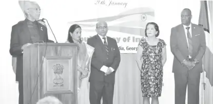  ?? (Ministry of the Presidency photo) ?? President David Granger speaking at the 69th anniversar­y celebratio­n. From right are Minister of State Joseph Harmon, First Lady Sandra Granger, Indian High Commission­er to Guyana V Mahalingam and Mrs Mahalingam.