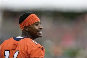  ?? ?? Courtland Sutton (14) of the Denver Broncos takes a breather during training camp at Uchealth Training Center on Thursday, July 28.