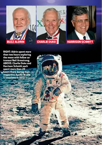  ??  ?? RIGHT: Aldrin spent more than two hours exploring the moon with fellow astronaut Neil Armstrong. ABOVE: Charlie Duke and Harrison Schmitt each spent more than 20 hours there during their respective Apollo 16 and 17 missions in 1972.