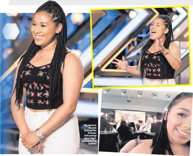  ??  ?? Big moment:
Rwanda Shaw on The
X Factor, (left and top right). Right, waiting for her
audition