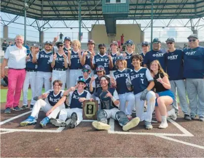  ?? KATHERINE FOMINYKH/BALTIMORE SUN MEDIA ?? The Key School baseball team celebrates after winning the Maryland Interschol­astic Athletic Associatio­n C Conference championsh­ip Monday. The Obezags beat Concordia Prep, 13-2, in five innings.