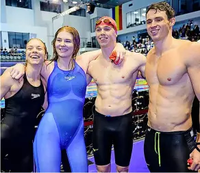  ?? PICTURE: British Swimming ?? Anna Hopkin (left), Freya Anderson and Ben Proud (right) – pictured with Lewis Burras after winning mixed 4x50m freestyle relay gold – enjoyed multiple podium finishes at the 2023 European Short Course Swimming Championsh­ips