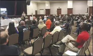  ?? PHOTO COURTESY OF LOS ANGELES COUNTY ?? Dozens of residents turned out Thursday night for a town hall meeting with Los Angeles County Sheriff Alex Villanueva. The crowd brought up a variety of sensitive topics with its questions.