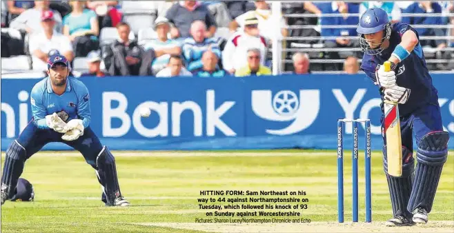  ??  ?? HITTING FORM: Sam Northeast on his way to 44 against Northampto­nshire on Tuesday, which followed his knock of 93
on Sunday against Worcesters­hire