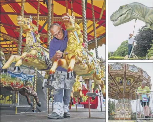  ?? PICTURES: TONY JOHNSON ?? FAMILY ATTRACTION: Clockwise from left, Rob Frankland refreshes the paintwork on the carousel at Lightwater Valley theme park near Ripon, where staff prepare to open this weekend; Colin Bowes, general manager, cleans down the T-Rex at the crazy golf course; Anna Kenworthy fastens signage for visitors to wear masks on the rides.