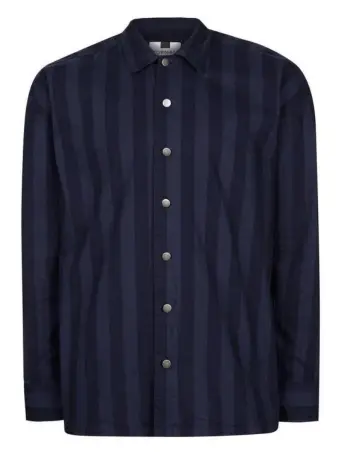  ??  ?? Navy stripe relaxed fit overshirt, £35, Topman