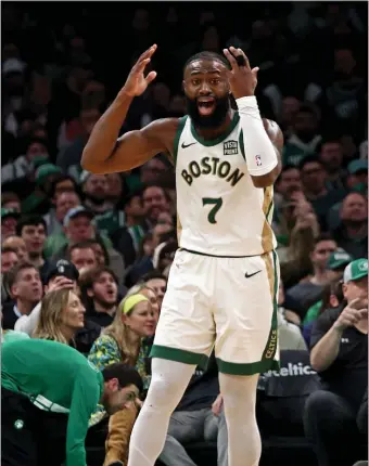  ?? STAFF PHOTO — STUART CAHILL/BOSTON HERALD ?? Boston Celtics guard Jaylen Brown cannot believe the foul call as the Celtics take on the 76ers at the TD Garden on Feb. 27.