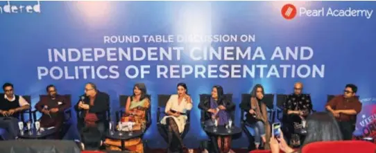  ??  ?? L-R - Vivek Gomber (Actor, Sir); Onir (Director, My Brother Nikhil); Viveck Vaswani (Dean-School of Contempora­ry Media at Pearl Academy, Actor, Director) Prof Nandita Abraham (President, Pearl Academy) Swara Bhaskar (Actor, Sheer Qorma); Myna Mukherjee (Founder, Engendered & Director, I-View Film Festival, Deepa Mehta (Director, Funny Boy); Faraz Arif Ansari (Director, Sheer Qorma); Shiladitya Bora (Founder, Platoon One Films)