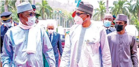  ?? PHOTO: PHILIP OJISUA ?? President Muhammadu Buhari ( right), welcoming President Idriss Deby Itno of Chad to the Presidenti­al Villa in Abuja… yesterday