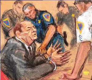  ??  ?? Cuffed: A court sketch of Weinstein before he was taken away yesterday