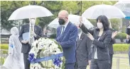  ?? KYODO ?? European Council President Charles Michel offers a wreath at Peace Memorial Park in Hiroshima, western Japan yesterday.