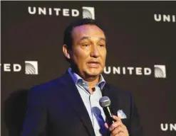  ?? —AP ?? In this file photo, United Airlines CEO Oscar Munoz delivers remarks in New York. United Airlines said that its CEO Munoz won’t add the title of chairman in 2018 as planned, as fallout continues from the violent removal of a passenger from a plane this...