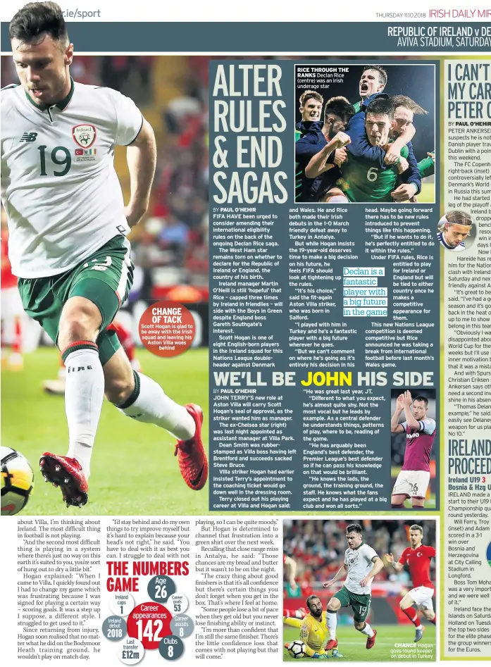  ??  ?? CHANGE OF TACK Scott Hogan is glad to be away with the Irish squad and leaving his Aston Villa woes behind RICE THROUGH THE RANKS Declan Rice (centre) was an Irish underage star CHANCE Hogan goes round keeper on debut in Turkey