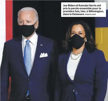  ?? PHOTO AFP ?? Joe Biden et Kamala Harris ont pris la parole ensemble pour la première fois, hier, à Wilmington, dans le Delaware.