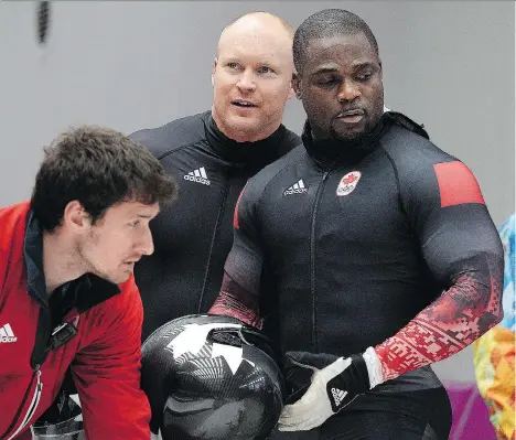  ?? DIDIER DEBUSSCHER­E/JOURNAL DE QUEBEC/AGENCE ?? Lascelles Brown has set the pace this year for Canadian brakemen with a 4.96-second push time.