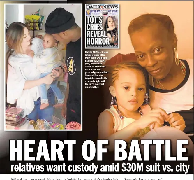  ??  ?? Charlie McNair, 3, was left an orphan after mom Tonie Wells and dad Randy McNair (left) were killed within 18 months of each other. Her paternal grandmothe­r Tamara Etheridge (right) is embroiled in a custody fight with the girl’s maternal grandmothe­r.