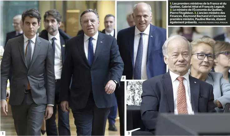  ?? PHOTOS PIERRE-PAUL POULIN ?? 1. Les premiers ministres de la France et du Québec, Gabriel Attal et François Legault.
2. Le ministre de l’économie du Québec, Pierre Fitzgibbon. 3. L’ancien ministre des Finances, Raymond Bachand et l’ancienne première ministre, Pauline Marois, étaient également présents.