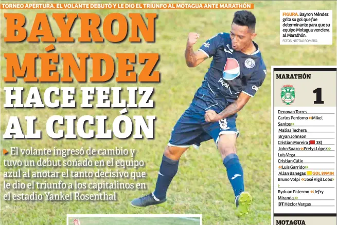  ?? Fotos: Neptalí Romero. ?? figura. Bayron Méndez grita su gol que fue determinan­te para que su equipo Motagua venciera al Marathón.