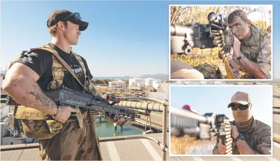  ?? ?? Australian Army soldier Private Harry Price, from 1st Battalion, Royal Australian Regiment, plays an enemy as his fellow soldiers (inset) work to neutralise him during Exercise Septimus Stride 2023 at the Port of Townsville.