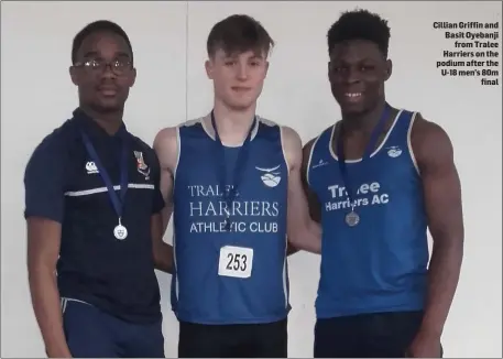  ??  ?? Cillian Griffin and Basit Oyebanji from Tralee Harriers on the podium after the U-18 men’s 80m final